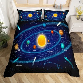 Outer Space Bedding Set Single Solar System Duvet Cover for Girls Boys Universe Themed Comforter Cover, Outer Space Blue Galaxy Bedding for Teens Kids Space Planet Bedspread Cover with 1 Pillowcase