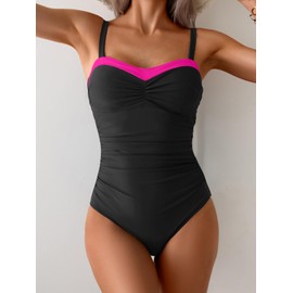 Aidonger One Piece Swimsuit Tummy Control Color Block Bathing Suits for Women Ruched Slimming Swim Suit Tie Back