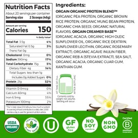 Orgain Organic Vegan Protein Powder, Vanilla Bean - 21g Plant Protein, 6g Prebiotic Fiber, No Lactose Ingredients, No Added Sugar, Non-GMO, For Shakes & Smoothies, 2.03 lb (Packaging May Vary)