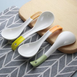 Asian Soup Spoons, IQCWOOD Ceramic Spoon, White Chinese Soup Spoons for Ramen Pho Wonton Soup Dumpling Miso, Set of 4