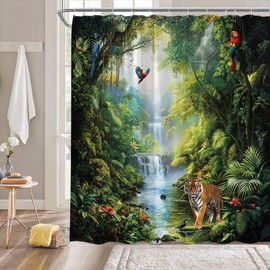 ZRUWUA Rainforest Waterfall Shower Curtain Tropical Green Forest Tiger Wildlife Big Cat Nature Scenery Landscape Bathroom Decor Curtain with Hooks,Green