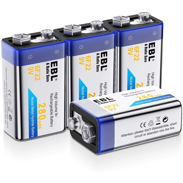EBL 9V Rechargeable Batteries NiMH Everyday 280mAh 9V Battery for Smoke Alarm Detector, 4-Packs