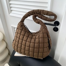 Quilted Tote Bag for Women Large Puffer Carryall Bag Lightweight Puffy Padding Hobo Shoulder Bag Crossbody Ladies Purse (Coffee)