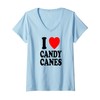 Womens I Heart (Love) Candy Canes Winter Peppermint Christmas V-Neck