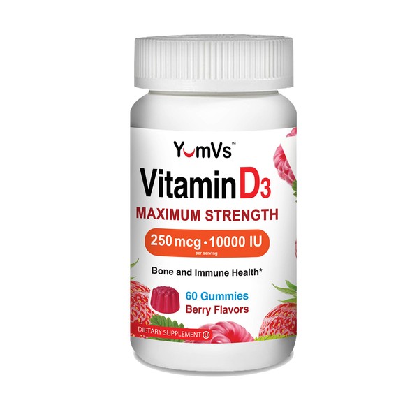 YUM-V'S Vitamin D3 10000 IU Maximum Strength Gummies for Adults by YumVs | Vitamin D 5000 iu per Gummy | 250 mcg – Vitamin D per Serving | Kosher Vegetarian Chewables Berry Flavor - 60 Count