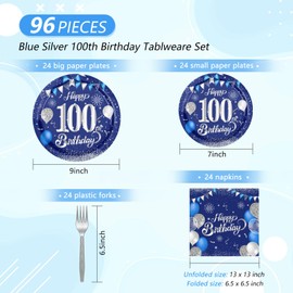 96 PCS 100th Birthday Party Supplies Blue and Silver 100th Theme Party Favors Included Plates Napkins Forks for Men Women Cheers to 100 Years Birthday Anniversary Decor