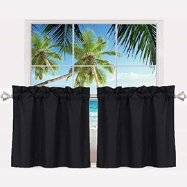 PICKLUC 24 Inch Long Tier Curtains for Small Window Treatment, Short Blackout Curtain with Rod Pocket - Half Window Curtains for Kitchen, Cabinet, Basement, Camper, 2 Panels, Black, 30 Inches Wide
