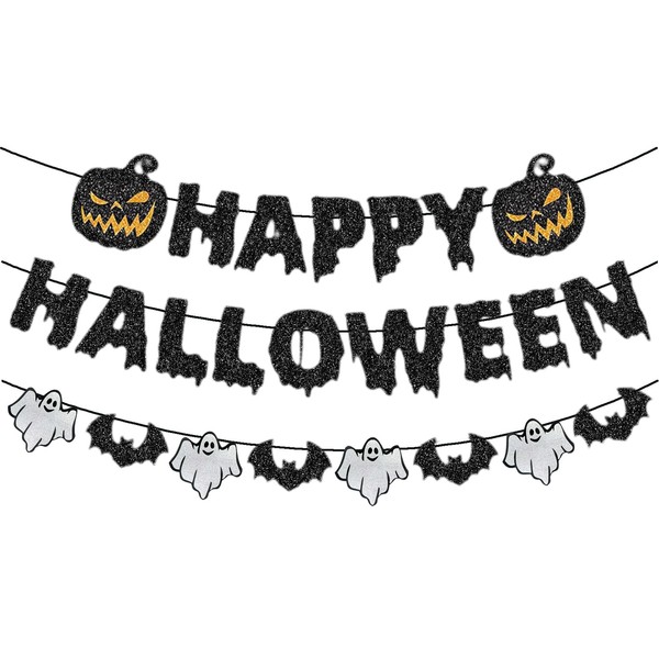 hhdatc Black Glitter "Happy Halloween" Banner Pre-Strung Halloween Garland with