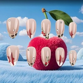 Leopard Print Press on Nails Cherry Gel Glue on Nail 24Pcs Cheetah Print Stick on Fingernails Glossy Red Stars Acrylic Fake Nail White French Tips Medium Almond False Nails for Coquette Women Girls