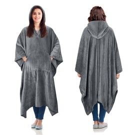 Catalonia Classy Fleece Poncho Blanket with Hood, Soft Warm Cuddly Portable Blanket, Large Fluffy Blanket for Adults Women Men, 200 x 140 cm, Grey
