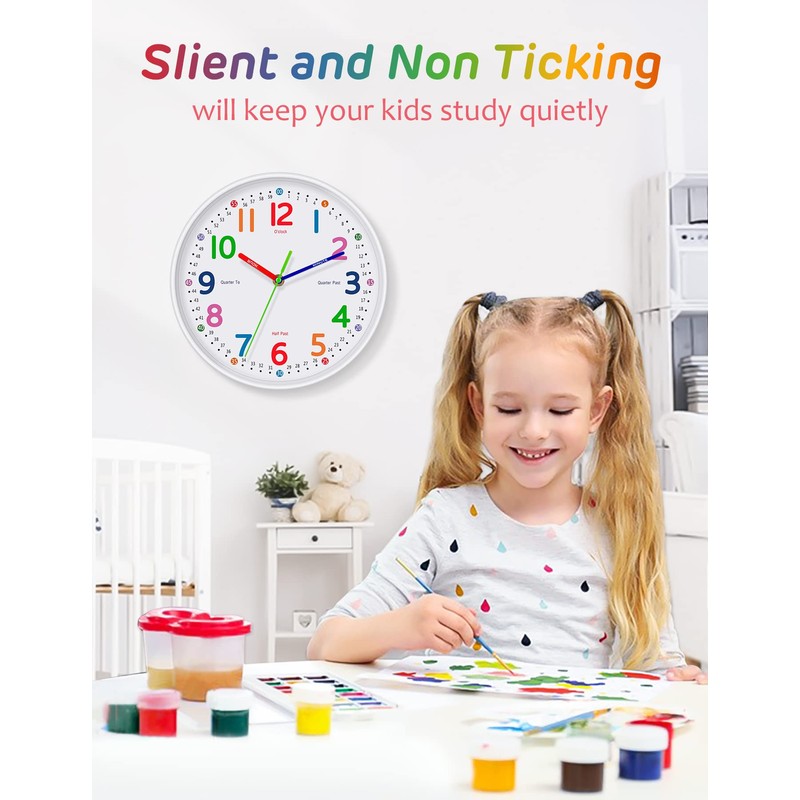 Kids Wall Clock: Telling Time Teaching Wall Clocks Silent Non-Ticking