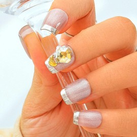 Sethexy Cat Eye Rhinestone Press On Nails Short Coffin French Tip Pink Fake Nails Handmade Sparkly False Nails Glossy Crystal Salon Stick On Nail for Women and Girls 10PCS (5)