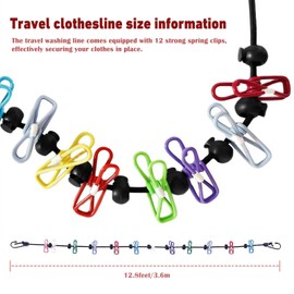 Travel Clothesline, 12 Colorful Clip Portable Clothes Line, Camping Clothesline, Resuable Indoor Drying Clothes Line & Outdoor Travel Camping Essentials