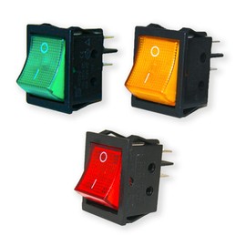 GOLDMAN SERVICE | Set of 3 DPST Bipolar Rocker Switches with ON-OFF pilot light. 4 PIN, 16A, 250V AC. 3 Colours Red, Green and Orange