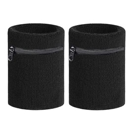 2pcs Sports Thick Solid Color Wristband with Zipper / Wrist Wallet Multi Color Sweatband Wrist Support For Men Women Running, Walking, Basketball, Tennis, Hiking, Cross-Fit Travel 3.1x 3.1" (Black)