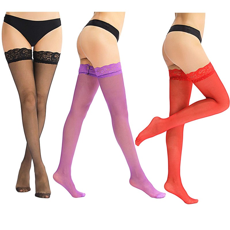 Boao 6 Pairs Women Thigh High Stockings Silicone Lace Top