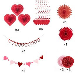 Festicreamy Anniversary Day Crafts - Heart Paper Fans Honeycomb Balls Hanging Decorations - 14" 19 Pack Hanging Hearts Banner Decorations for Mother's Day Anniversary Wedding Decorations