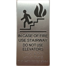 In case of fire use stairway do not use elevator sign with Raised letters/Image & Grade 2 Braille - Includes Red Adhesive pad for Easy Installation (6" W x 12" H,Brushed Aluminum/silver, Tacticle Sign) - The park Ave Line
