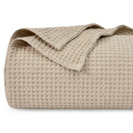 PHF 100% Cotton Waffle Blanket Double Size 150 x 200cm - Pre-Washed Soft Lightweight Throw Blanket for All Season - Perfect Blanket Layer for Couch Bed Sofa - Elegant Home Decoration Khaki