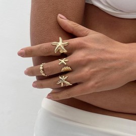 ALRNBY Starfish Rings for Women Gold Ring Sets Shell Ring Stack Summer Beach Jewelry (Starfish, Gold)