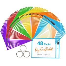 Toolterritary 48 Packs Oversized Dry Erase Pockets Reusable Sleeves with 3 Rings, 6 Assorted Colors 10x14 inch Job Ticket Holder, Heavy Dusty Work Order Sleeves for Classroom, School, Office