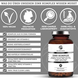 QIDOSHA® Zinc Complex Plus Vitamin C, 365 Capsules in Pharmacist Glass, 25 mg Zinc (250% NRV) from 10 Different Zinc Forms, Vegan, German Production, Each Batch Laboratory Tested