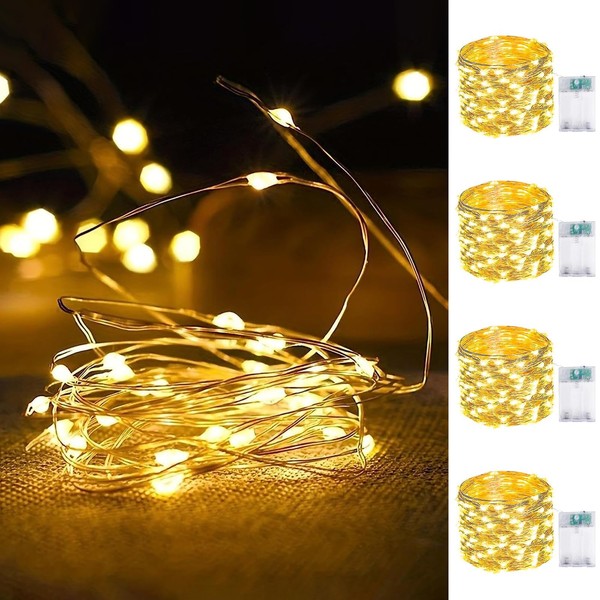 4-Pack Fairy Lights Battery Operated with Timer, Waterproof 16FT 50 LED Valentine String Lights Outdoor Indoor, Twinkle Lights for Girl's Bedroom Home DIY Wedding Party Valentine Decor (Warm White)