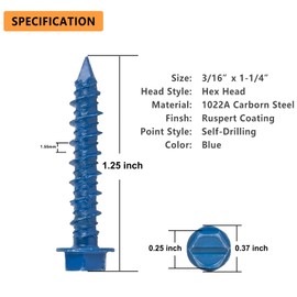 Allkeen 3/16" x 1-1/4" Hex Head Concrete Screws, Anchoring to Masonry, Brick, Block, Cement or Stucco, 35PCS