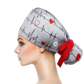 Hotme Working Cap with Buttons and Sweatband Adjustable Ribbon Tie Ponytail Hats for Women,Long Hair Head Covers Hair Caps (Floral #05)