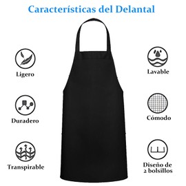 Ausein Delantales 4 Piezas, Mandiles de Cocina Mujer Impermeable con Bolsillos Dobles Ampliados, Mandil Parrillero Hombre para Chef, Hogar, Restaurante, Jardinería, Barbacoa, Cocinar, Hornear (Negro)