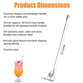 12pcs 12 Inch Bar Spoon, Muddler, Stainless Steel Cocktail Mixing Stirrers