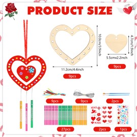 SRIZIAN 9 Pieces Valentine's Day Heart Wind Chime Craft Set Children with 2 Pieces Tattoo Stickers, Wooden Craft Set for Children Wood for Painting for Girls Boys Party Decoration