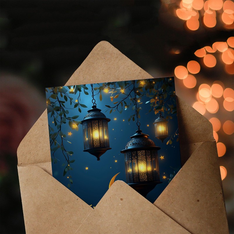 Artery8 Eid Mubarak Greeting Card Tree Lanterns Stars and Crescent