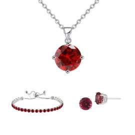 Paris Jewelry 10k White Gold 7Ct Round Created Red Set Of Necklace, Earrings & Bracelet Plated