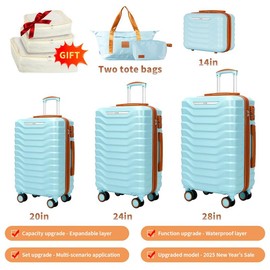 UUH Expandable Luggage Sets 9pcs/8pcs/7pcs/4pcs/3pcs Suitcase Sets  With Water-Proof and Expandable Layer Makeup Bag Side Hooks And TSA Lock:_9pcs-Sky Blue