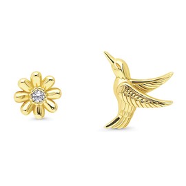 BERRICLE Yellow Gold Flashed Sterling Silver Hummingbird Flower Stud Earrings for Women, Cubic Zirconia CZ