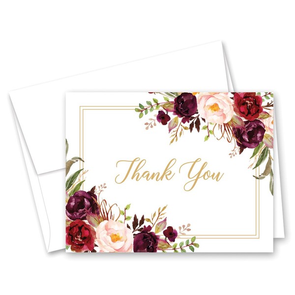 Burgundy Wine Floral Thank You Cards and Envelopes – 50 cnt