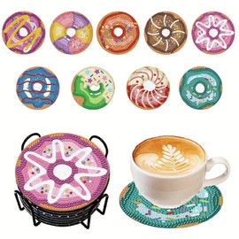 Set of 9 Diamond Art Painting Coasters with Stand, DIY Craft Coasters, Doughnut Pattern, Round Coasters (10 cm)