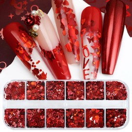 Red Nail Glitter Sequins 3D Holographic Valentine Heart Nail Art Flakes Red Heart Butterfly Letter Sequins Winter Nail Supplies for Women DIY Acrylic Nails Valentine Craft Decorations