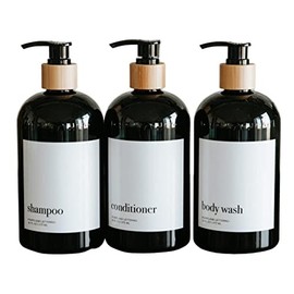 Bamboo Shampoo and Conditioner Bottles, Shampoo Conditioner and Body Wash Dispenser Set of 3 16 oz Bottles with Bamboo Pump Dispenser, Labeled Shower Bottles Refillable