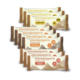 Elevated Gains Variety Pack Protein Bars, 10 Pack - Chocolate Peanut Butter, Cinnamon Crunch, Lemon Crisp - 20g of Protein & Natural Ingredients, Sweetened with Honey, Healthy Snack