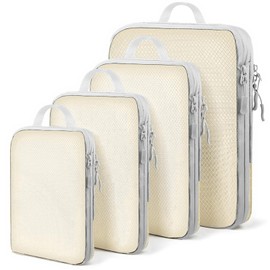 4 pcs Compression Packing Cubes Set,Travel Packing Cubes for Suitcases,Lumobrilla Travel Organisers for Carry On Luggage,Waterproof Cubes,Expandable Storage for Women/Men,Beige