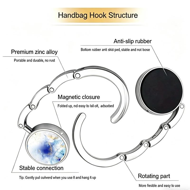 MYLEUS 6Pcs Marble Pattern Foldable Handbag Hook, Zinc Alloy Purse