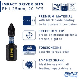 20 x Rennie Tools 25mm PH1 Impact Screwdriver Driver Bits Set. Phillips No.1 Heavy Duty Impact Driver Bit Set. PH1 Bits. Hex Shank, Cross Head. Black Oxide Coated