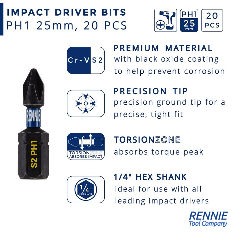 20 x Rennie Tools 25mm PH1 Impact Screwdriver Driver Bits