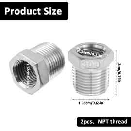 2 Pack 3/8 to 1/4 Npt Reducer, 3/8" Male to 1/4" NPT Female Adapter, Pressure Washer Adapters 304 Stainless Steel Thread Reducers Fittings Hexagonal Bushing Water Pipes Adapter for Reducer Pipe
