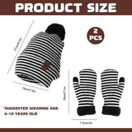 Cretvestsar Set of 2 Winter Children's Striped Hats Gloves Set Warm Bobble Hat Beanie Hat Gloves Fluffy Crochet Thermal Gloves for Children Boys Girls Outdoor Sports, black