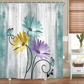 VeiVian VeiVian Rustic Farmhouse Shower Curtain, Farm Teal Daisy Floral Flowers and Butterfly on Country Wooden Shower Curtain for Bathroom, Turquoise Blue Bathroom Shower Curtains with 12PCS Hooks, 70X75IN