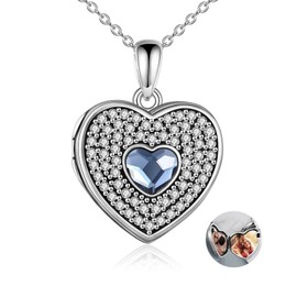 URONE Sterling Silver Heart Photo Locket Vintage Pendant for Women Picture Locket Jewellery with Crystal from Austria Gifts for Women Girls, Sterling Silver, Crystal