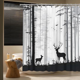 Rustic Cabin Deer Shower Curtain Silhouette of Pine Forest Family Elk and Birds Foggy Forest Wildlife Hunting Mountain Lodge Country Farmhouse Bath Curtain Fabric Bathroom Accessories Decor with Hooks